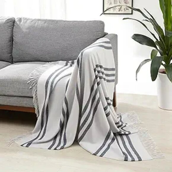 Light Grey Blue Stripe Throw Blanket 50x60 Soft Lightweight Recycled Cozy - Picture 8 of 8